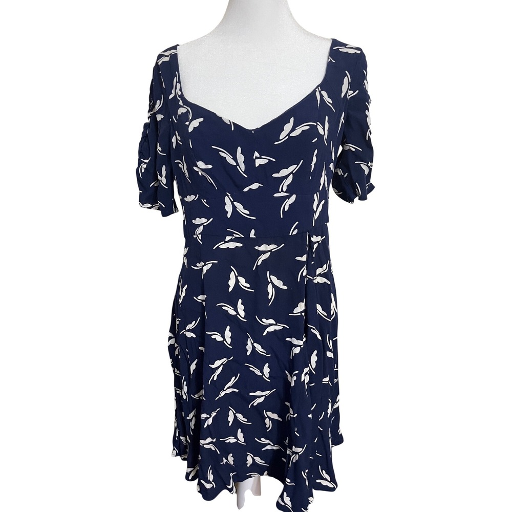 Maeve Anthropologie Navy Blue White Leaf Print Sweetheart Mini Dress Size 8